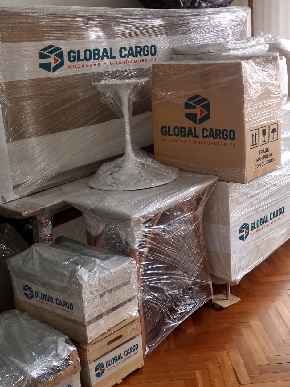Muebles y cajas embalados con film, listos para el traslado