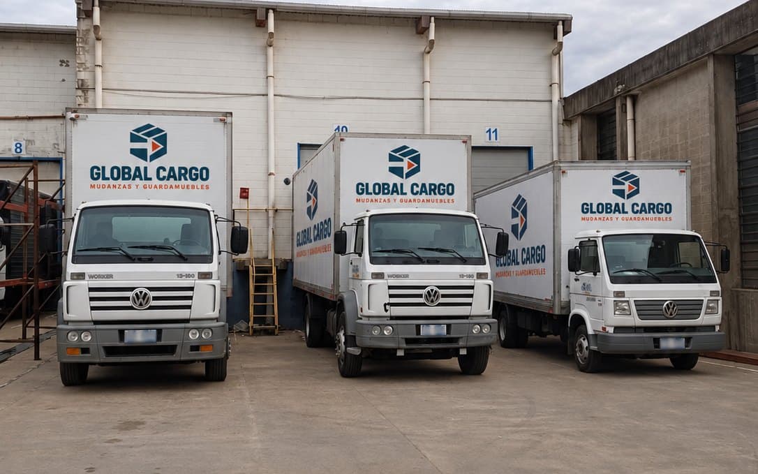 Tres camiones de Global Cargo estacionados frente al depósito