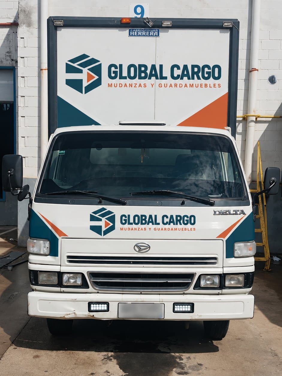 Frente de un camión de Global Cargo en el depósito